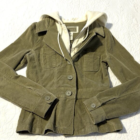 NORI Y2K Jacket Hoodie Womens M Green Corduroy Big Button Front plus Zip - Picture 1 of 13